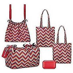 Sachi Shop Pack Go Market Totes Grocery Bag 5 Pce Set Red Chev