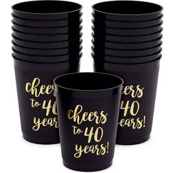 Sparkle and Bash 40th Birthday Party Cups, Cheers to 40 Years 16 oz, 16 Pack Black