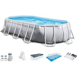 Intex Prism Frame Oval Above Ground Swimming Pool Set with Protective Canopy 237 Gray