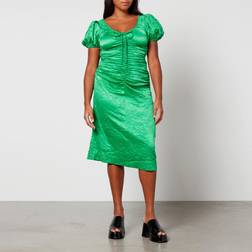 Ganni Crinkled Satin Gathered Uneck Midi Klänning - Bright Green