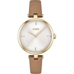 HUGO BOSS Analog kvartsklocka för kvinnor med läderrem 1502652, Silver/vit, armband