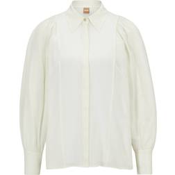 HUGO BOSS Open White Point Collar Gathered Shoulders Silk Blouse - White