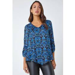 Roman Abstract Print Metallic Ruched Blouse