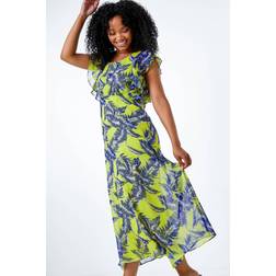 Roman Petite Tropical Print Frill Sleeve Midi Dress