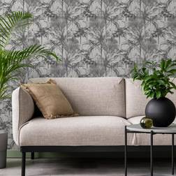 Sublime Jungle Texture Floral Mono Black/White Wallpaper