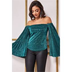 Goddiva Sequin Lurex Bardot Pleated Sleeve Top