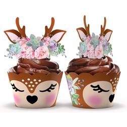 None Woodland Baby Shower Cupcake Wrappers and Toppers 24 Sets Woodland Deer Birthday Party Decorations Wild Party Supplies Woodland Deer