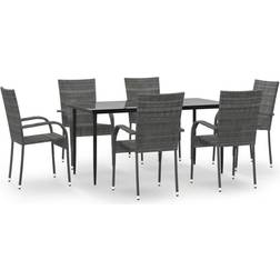 vidaXL Dining Set 7 Piece Rattan Gray Poly Rattan Ensemble repas de patio, 1 Table incluse 6 Chaises