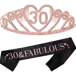 MEANT2TOBE 30th Birthday Sash and Tiara for Women Fabulous Glitter Sash Gravity Rhinestone Premium Metal Tiara for Her, Med Pink