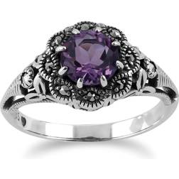 Gemondo Art Nouveau Style Round Amethyst & Marcasite Floral Ring in Sterling Silver