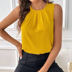 Shein Clasi Solid Fold Pleated Detail Sleeveless Blouse