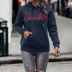 Shein LUNE Letter & Heart Embroidery Kangaroo Pocket Drop Shoulder Drawstring Hoodie