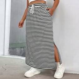 Shein Plus Striped Print Split Hem Drawstring Waist Skirt