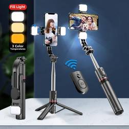 Shein 44.9 Inch Selfie Stick with Reinforced Tripod 2 Fill Lights, Extendable & Portable Phone Tripod with Remote, Compatible with iPhone 14 Pro Max/13/12