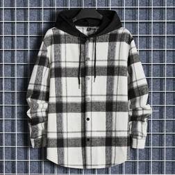 Shein Manfinity Homme Men Plus Plaid Drawstring Hooded Curved Hem Jacket