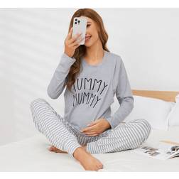 Shein Maternity Letter Striped Print Adjustable Waist PJ Set For Mother
