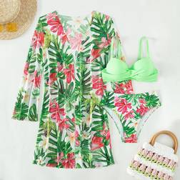 Shein Swim Vcay Tropical Print Push Up Bikini Swimsuit With Kimono