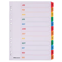 Office Depot Mylar punched Dividers A4 Jan-Dec Colour Tabs