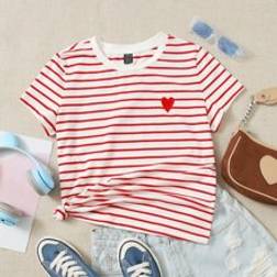 Shein EZwear Heart Embroidery Striped Tee