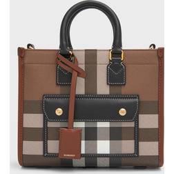 Burberry Dark Birch Brown Chk Freya Mini Check-print Woven and Leather Top-handle bag