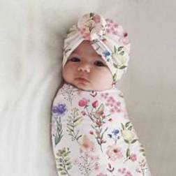 Shein Baby Girl Newborn Photography Floral Print Wrap Blanket & Hat