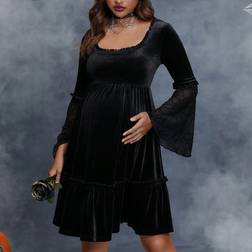 Shein Maternity Solid Flare Sleeve Ruffle Hem Velvet Dress