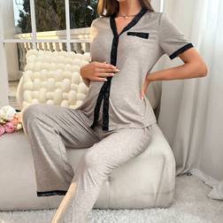 Shein Maternity Contrast Trim Button Front PJ Set