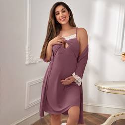 Shein Maternity Floral Lace Trim Robe and Slip Dress For Mother