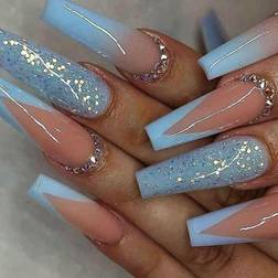Shein Upgrade Your Look With 24pcs Icy Blue French Tip Long Coffin Glittered Full Cover Fake Nail Kit