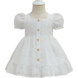 Shein Baby Eyelet Embroidery Puff Sleeve Ruffle Hem Dress - White