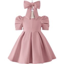 Shein Toddler Girl's Puff Sleeve Fold Pleated Dress With Headband - Dusty Pink