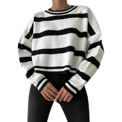 Shein Striped Pattern Drop Shoulder Sweater - Black/White