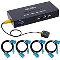 DGODRT USB KVM VGA-omkopplare med 4 Kablar, 4 Portar KVM Switch för 4 PC dela 1 Bildskärm och 3 USB-enheter, Tangentbord, Mus, Skanner, Skrivare