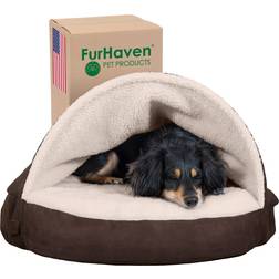 FurHaven Sherpa & Suede Snuggery Cooling Gel Foam Dog Bed Espresso, 26-inch