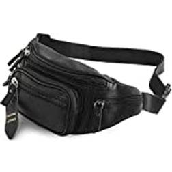 Genuine Bauchtasche, multifunktional, echtes Leder, Hüfttasche, Reisetasche für Damen und Herren, mehrere Taschen und stabile Reißverschlüsse, ideal zum Wandern, Laufen und Radfahren schwarz