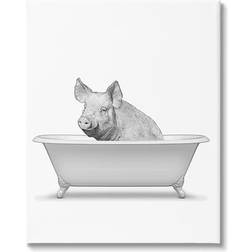 Stupell Industries Pig In Tub Bathroom Animal Canvas Grey Wall Decor 36x48"