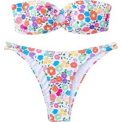 Shein Floral Print Bikini Set Ring Linked Bandeau Bra & Bikini Bottom Piece Swimsuit