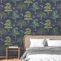 Rasch Navy Willow Woodland Wallpaper Birds Trees Forest Vintage Elegant Homes