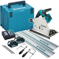Makita DSP600Z 36V Twin 18V LXT Brushless Plunge Saw, 2x 5.0Ah Batteries, Charger, 2x 1.5m Guide Rails, Connector Piece, 2x Clamps & Case