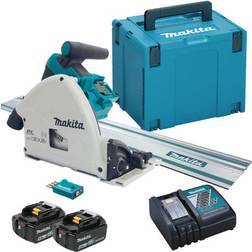 Makita DSP601ZJU 36V Twin 18V LXT Brushless Plunge Saw, 2x 5.0Ah Batteries, Charger, Guide Rail & Case