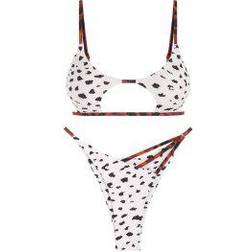 Zaful Animal Print Cut Out Strappy Bikini Swimwear - White