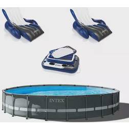 Intex 24ft x 52in Ultra XTR Round Frame Pool, Loungers 2 Pack Floating Cooler, Grey