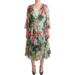 Dolce & Gabbana Green Floral Long Sleeves V-neck Midi Dress IT42