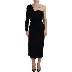 Dolce & Gabbana Black Wrap Sheath One Shoulder Wool Women's Dress