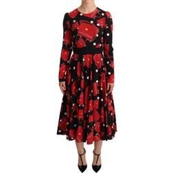 Dolce & Gabbana Black Sicily Bag Print Flared Midi Dress IT38