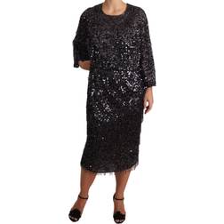 Dolce & Gabbana Black Sequined Long Sleeve Shift Midi Women's Dress