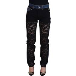 Dolce & Gabbana Black Floral Lace Front Skinny Denim Women's Jeans