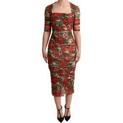 Dolce & Gabbana Red Floral Print Tulle Sheath Midi Women's Dress