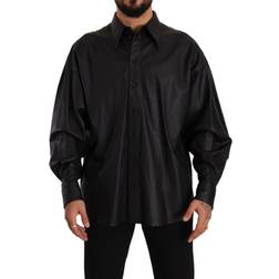 Dolce & Gabbana Black Leather Button Down Men Collared Jacket IT52