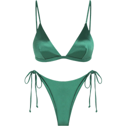 Zaful Shiny Silky Tie Side Tanga Bikini Swimwear - Deep Green